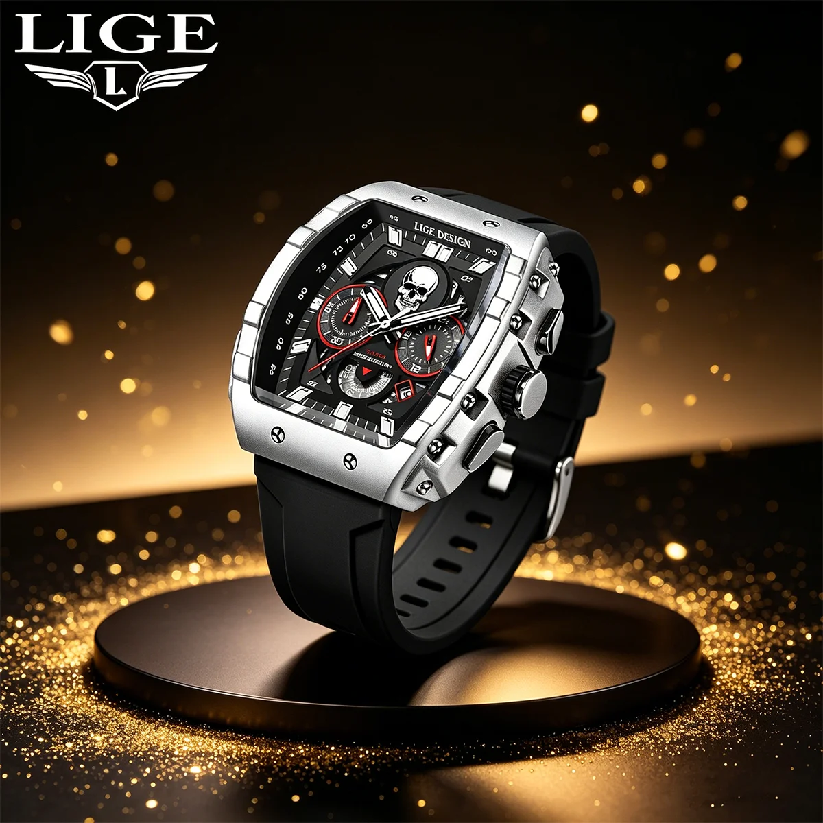 LIGE New Man Watch Skeleton Skull Dial Sport Army Watches for Men Casual Fashion Luxury Waterproof Quartz Clock Wristwatch+Box