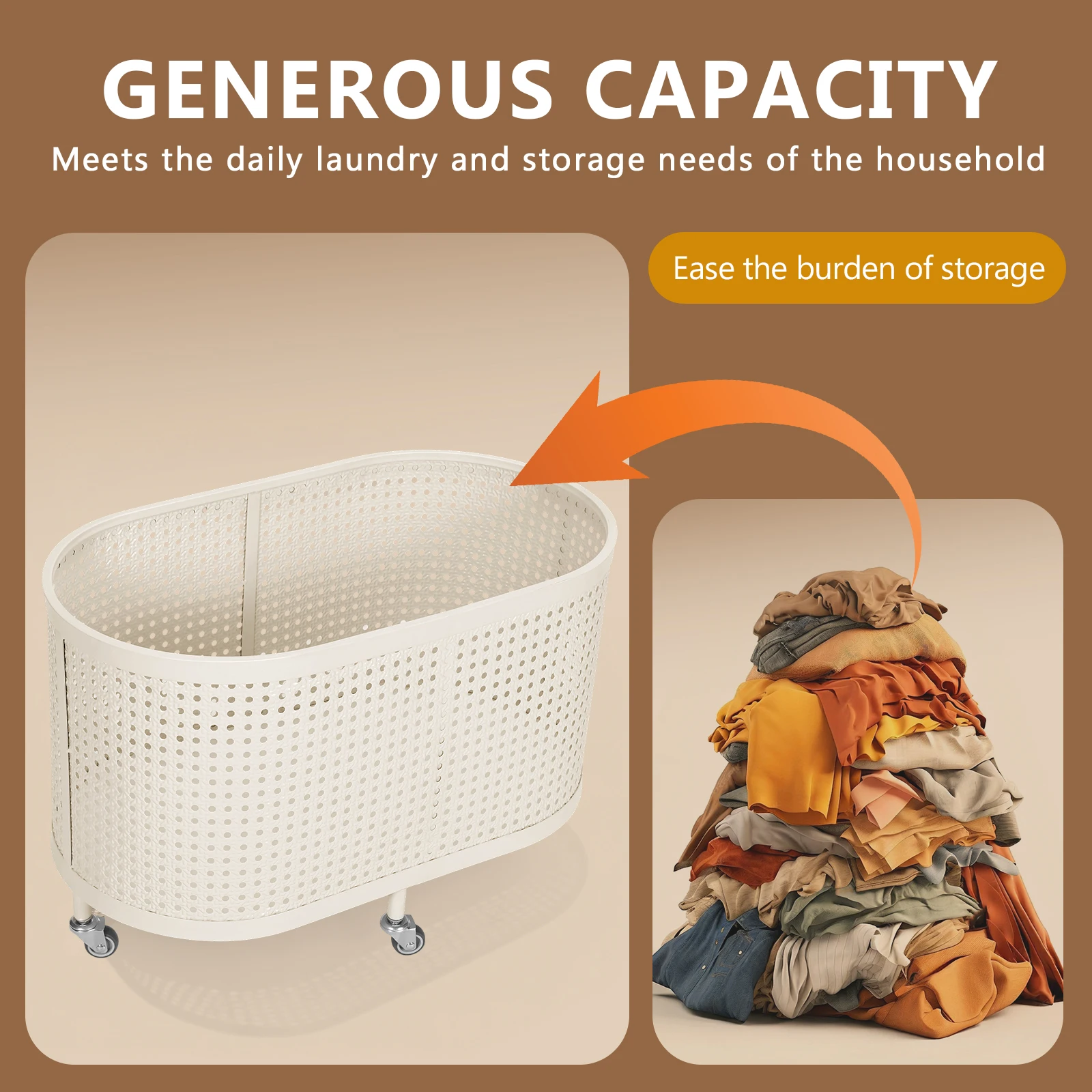 

Metal Baking Varnish Laundry Basket with Wheels Bedroom Laundry Hamper Oval Overnight Clothes Storage Bin for Laundry Room