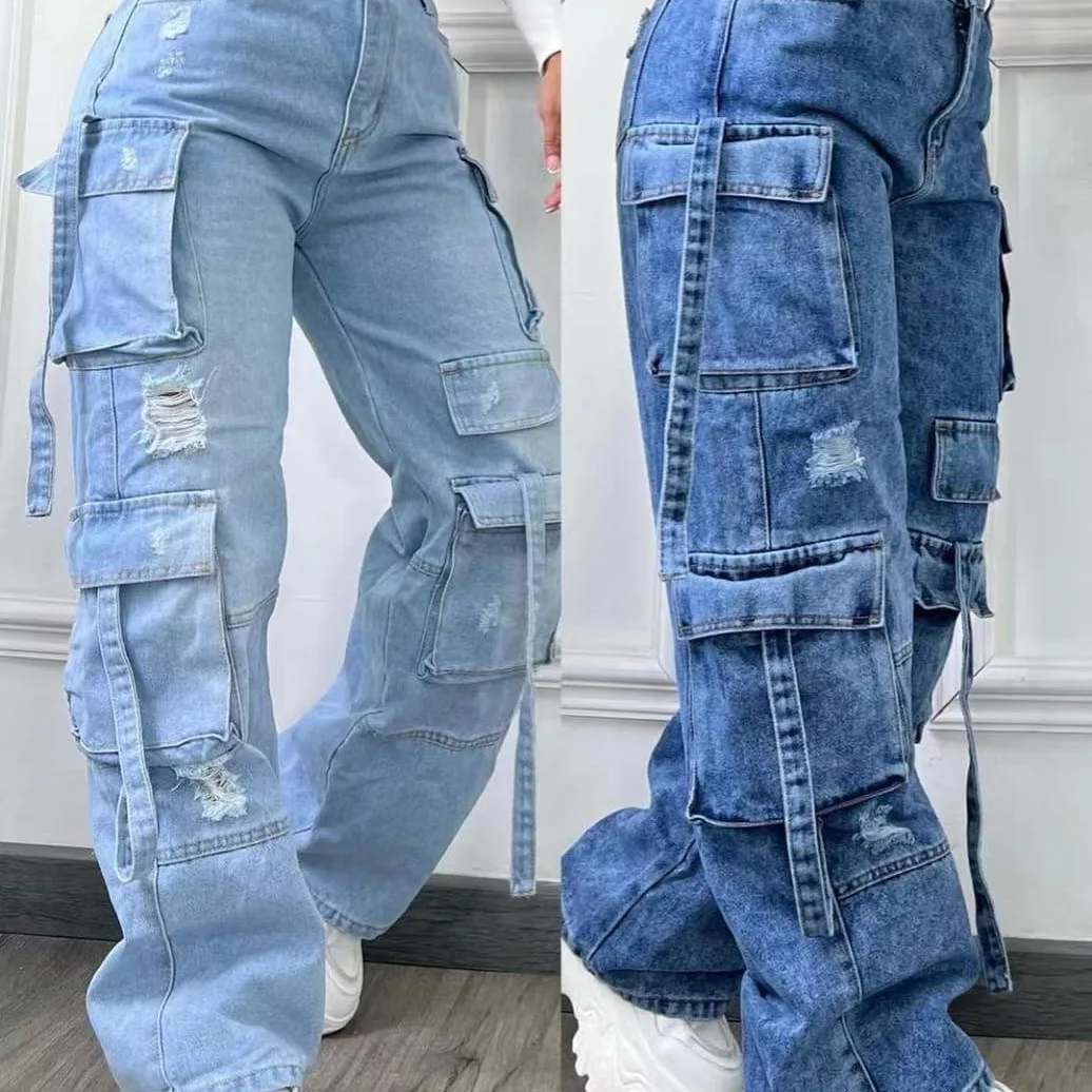 2026 European and American new fashionable solid color versatile high waist multi pocket casual workwear denim pants