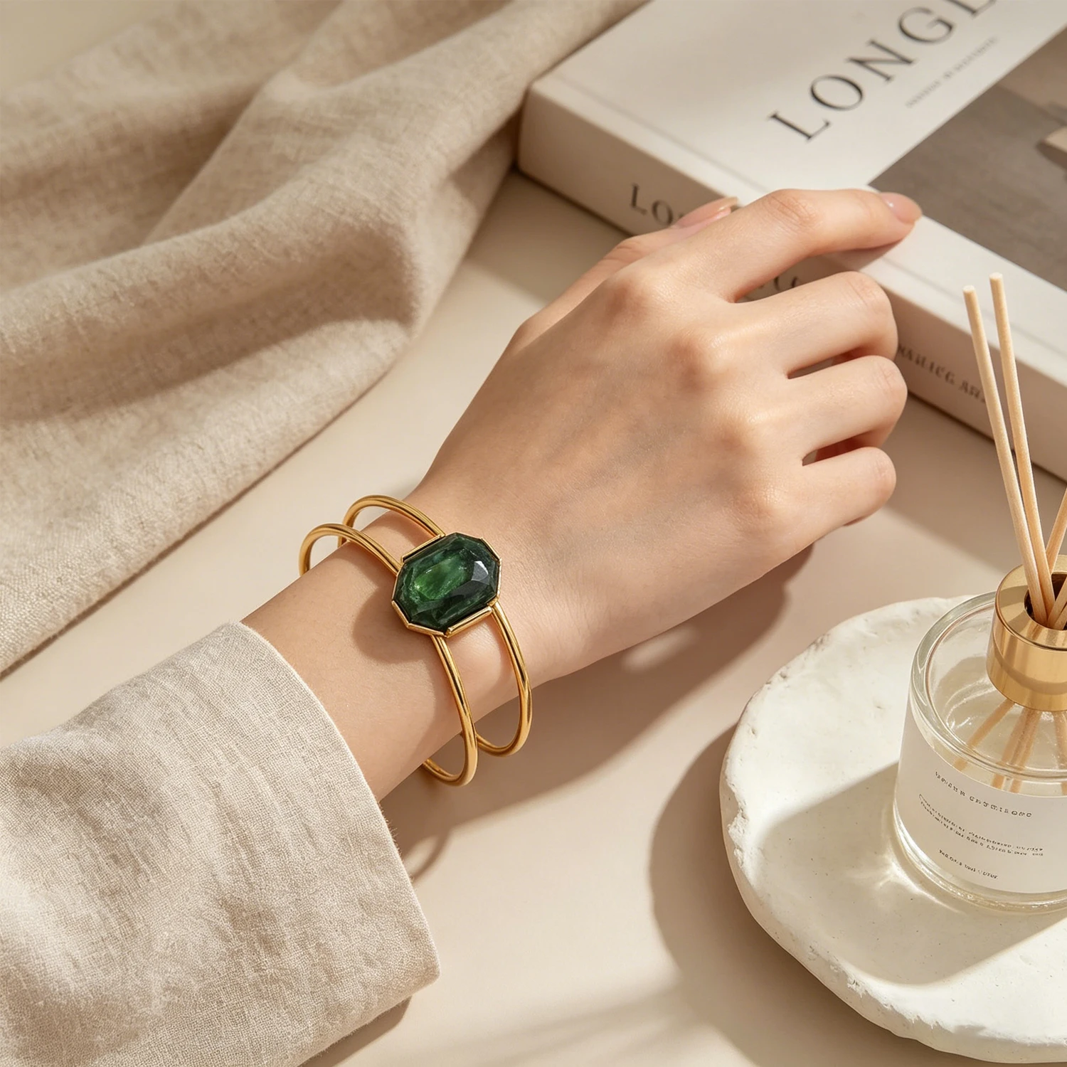 18K Gold Plated Stainless Steel Natural Stone Open Cuff Bangle Women Boho Multicolor Gemstone Cuff Bracelet Fashion Jewelry