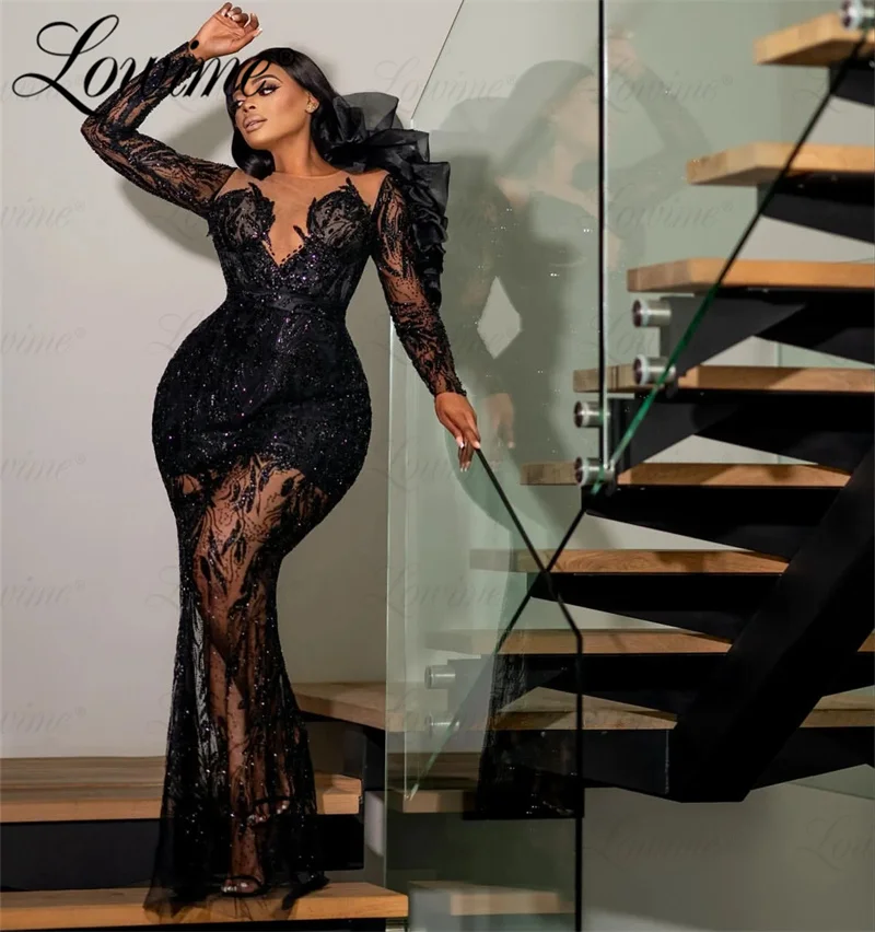 BlackGirl Aso Ebi Mermaid Prom Dresses Plus Size Sequined Floral Arabic Evening Gowns 50th Birthday Party Dress Robe De Soiree