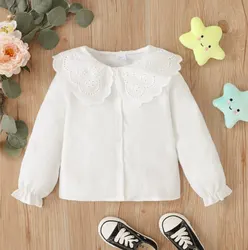 Kids Girl 1-6Y Button T Shirt Hollow Lace Collar White Long Sleeved Lovely Korean Version Top Autumn Toddler Girl Clothes