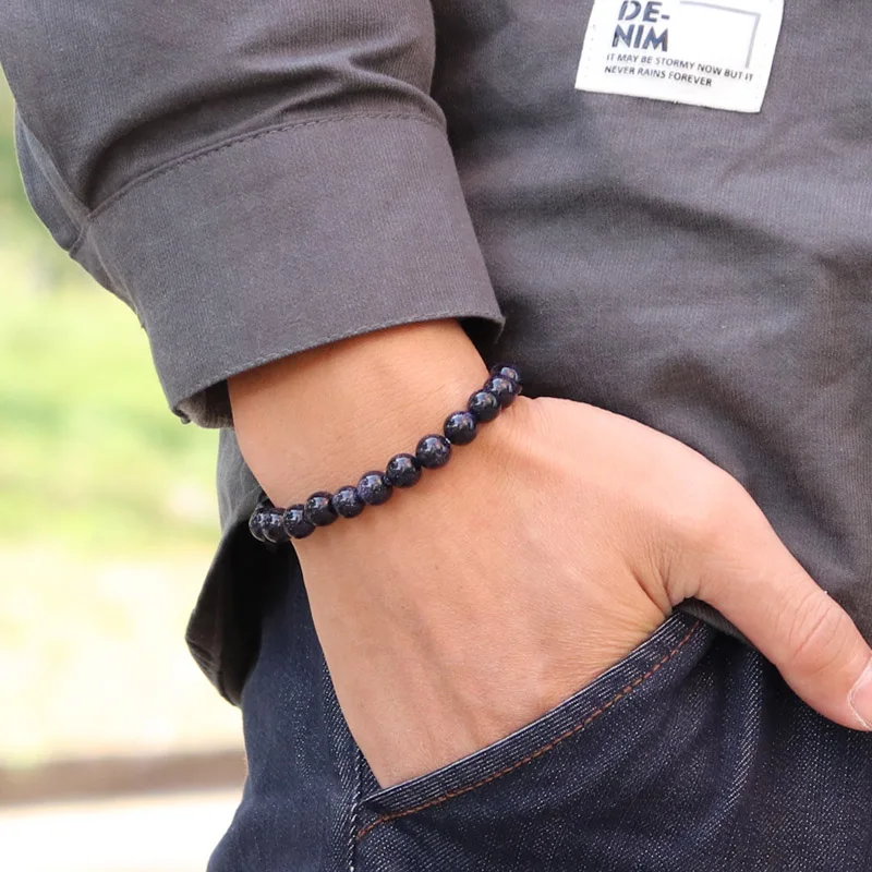Genuine 6/8/10/12mm Natural Blue Sandstone Bracelet Unisex Shiny Smooth Beaded Braslet Healing Casual Valentine's Day Gift Joias