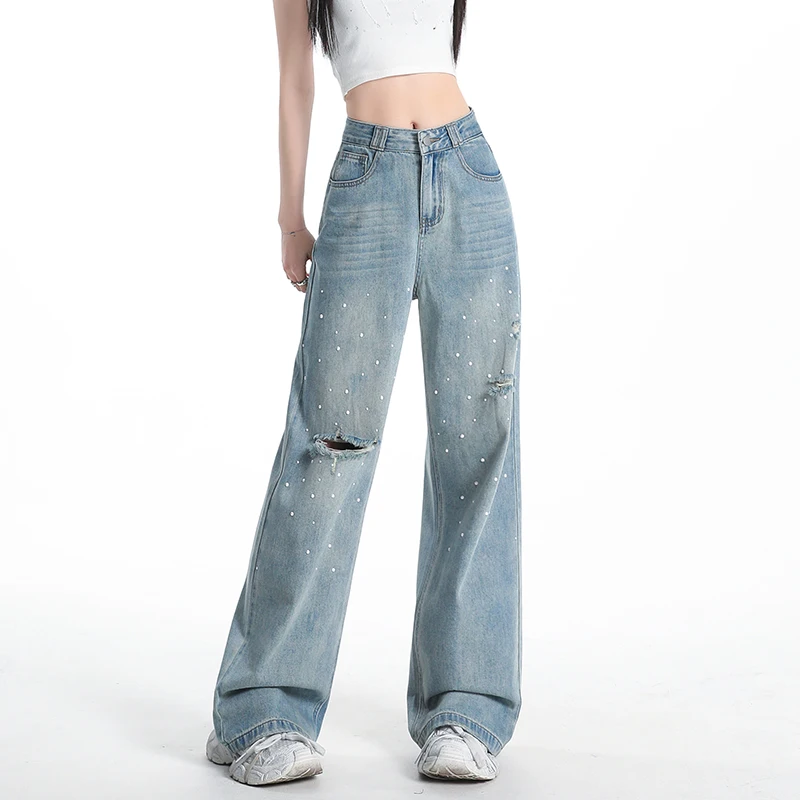 KSTUN Perlenperlen Distressed Jeans Damen Hose mit weitem Bein, hohe Taille, zerrissen, Vintage-Streetwear, gerader Hose im Ameri-Stil