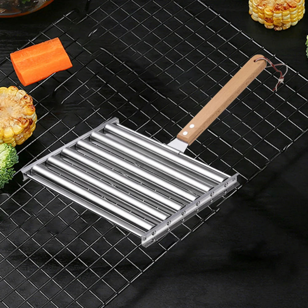 Hot Dog Roller with Wood Handle BBQ Hot Dog Griller Stainless Steel Barbecue Sausage Roller for Evenly Cooked Hot Dogs