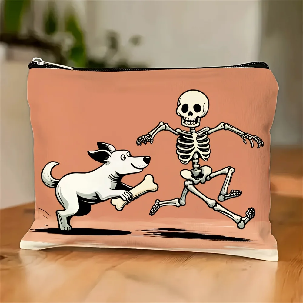 

A Skull And Dog Fun Printed Makeup Bag- Multifunctional Zipper Pouch, Jewelry Storage Bag, Perfect Travel Zipper Small Storage B