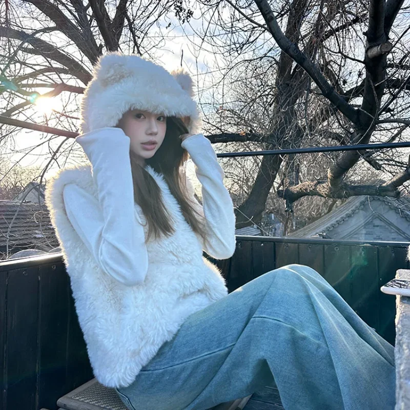 

2025 Autumn New Style Faux Lamb Fur Jacket Princess Sleeve Loose Fit Long Sleeve Polo Collar Bear Ear Hooded Women's Vest
