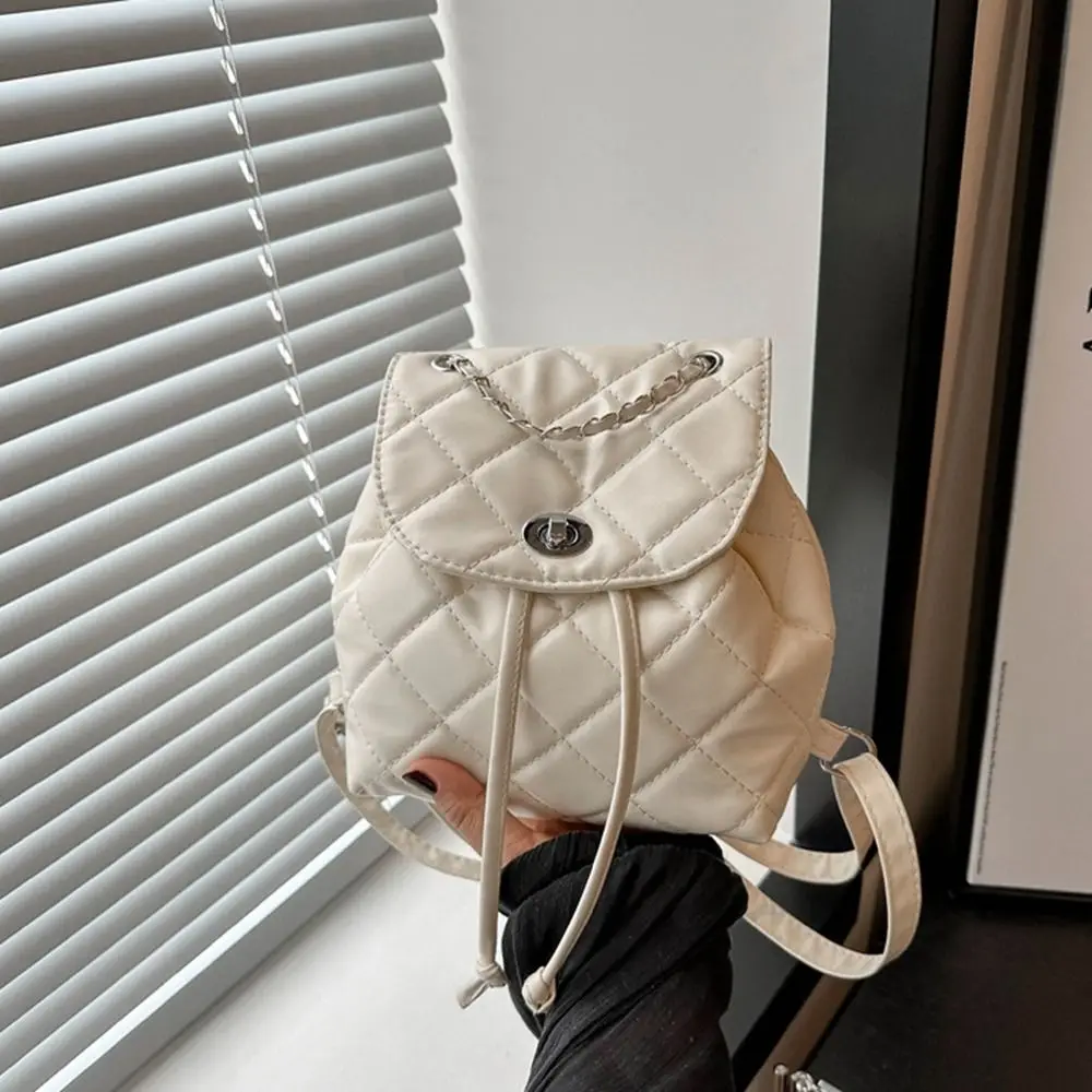 Casual Cute Small Backpack Pu Leather Silver Rhombic Lattice Chain Shoulder Bag School Bag Korean Style Pu Bucket Bag Ladies