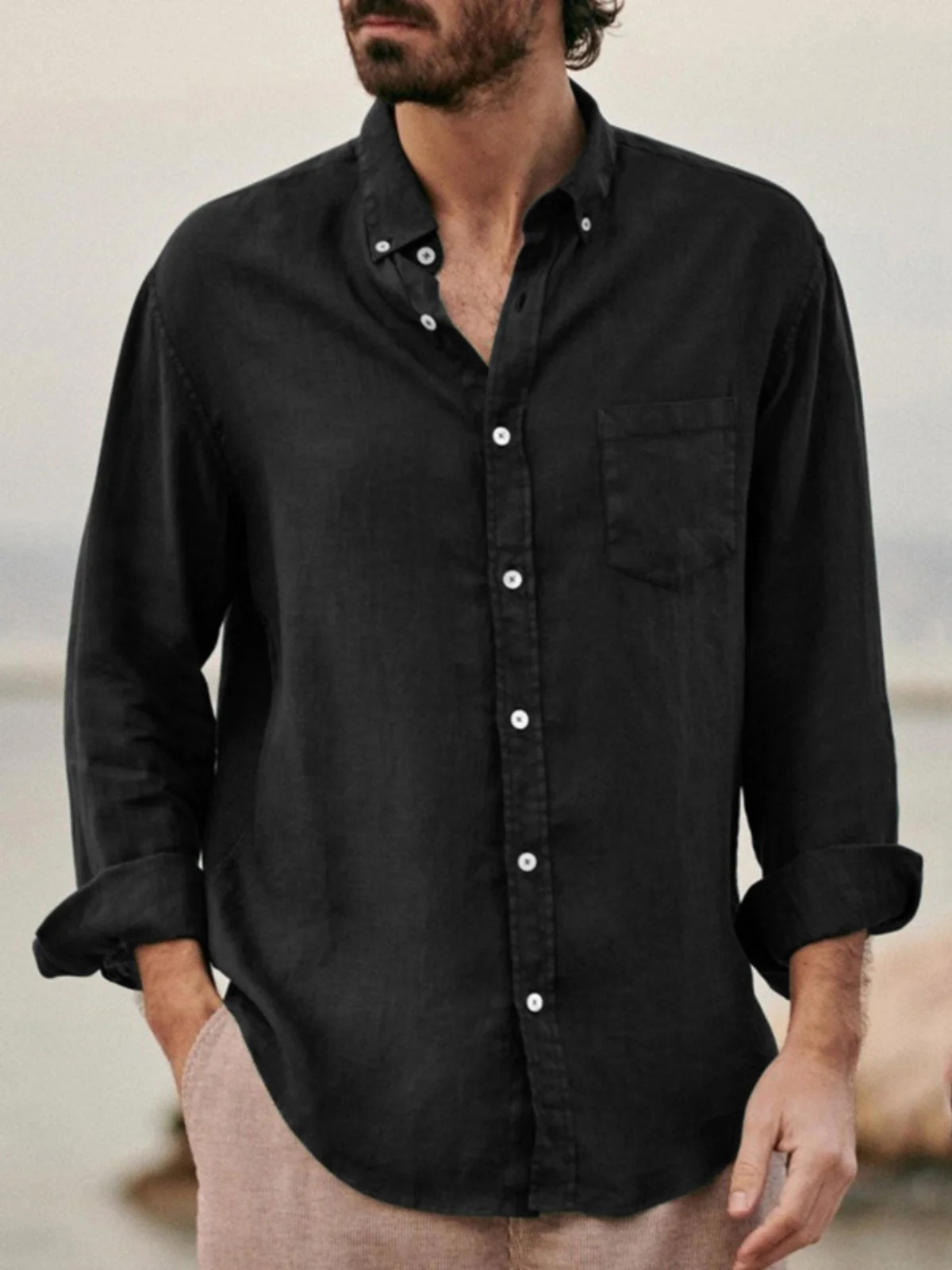 

Мужская хлопково-льняная рубашка-поло свободного кроя, дышащая, однотонная, для повседневной носки, осенняя, комфортная