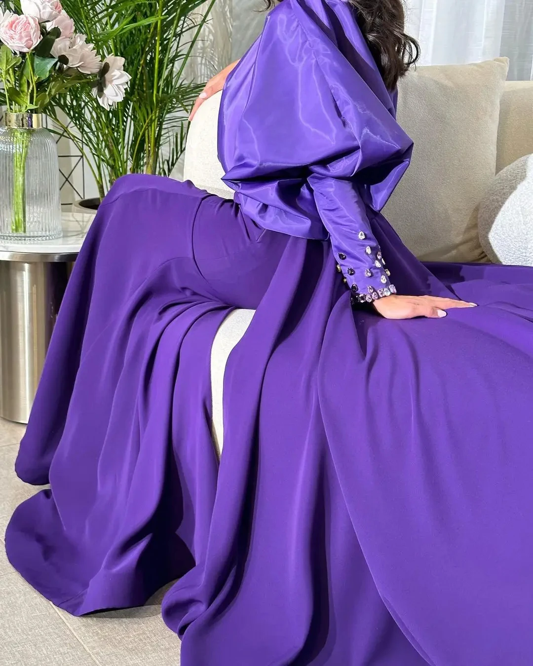 

Fairytale Saudi Arabia Prom Dresses Long Sleeves Simple Vestidos Beaded Purple Women Evening Dress Formal Occasion Women Party