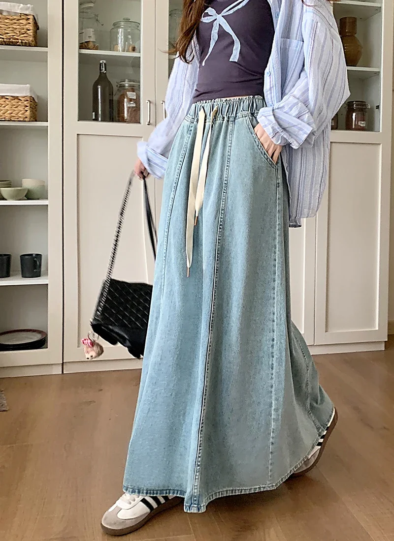 S-XL 2Colors Long Denim Skirt 2024 Korean Style High Elastic Waist  Lace Up A Line Ball Grown Long Jeans Skirts Style