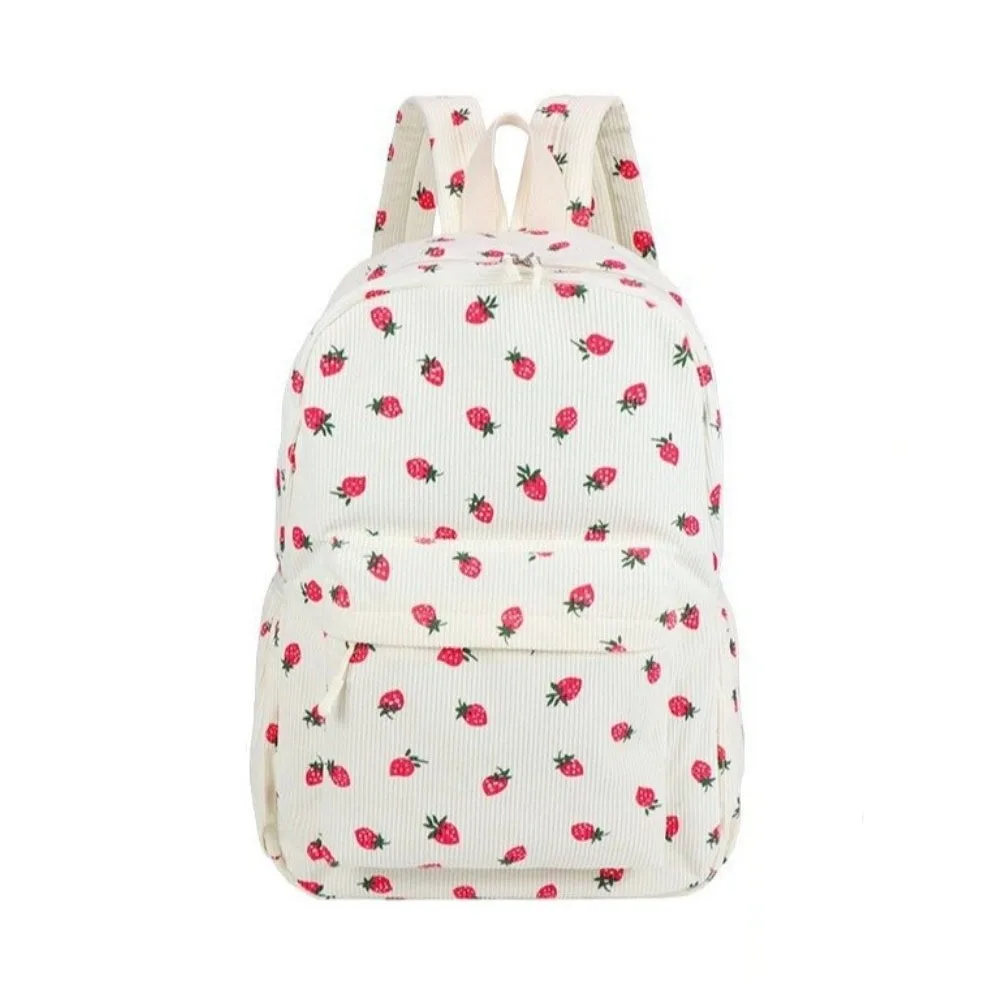 Strawberry Corduroy Backpack Solid Color Lightweight Students School Bag Japanese Style Large Capacity Students Daypack Daily