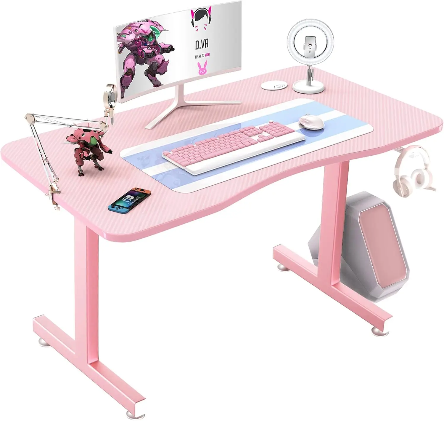 

Pink Gaming Desk 40 Inch Cute Kawaii Computer Table T Shaped Girl Gamer Workstation Home Office with Carbon Fiber Surface and He