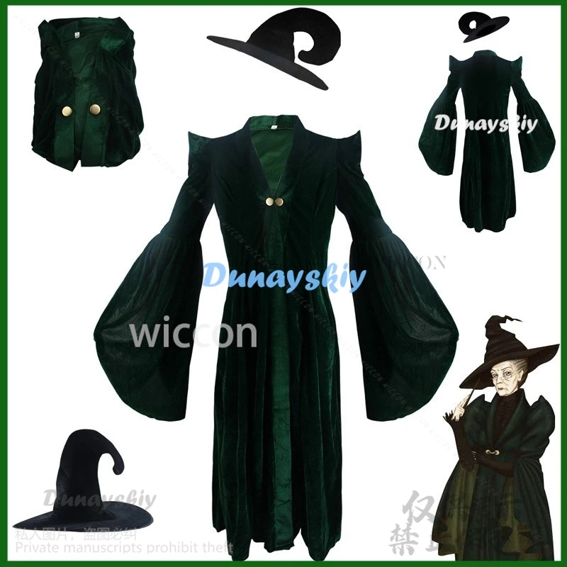 Anime Movie Professor Minerva Cosplay Costume Dark Green Dress Robe Cape Hat Velvet Cosplay Costume Halloween Carnival Suit