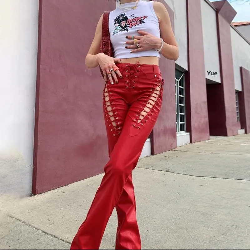 High Waist Hollow out Strap Straight Leg Ankle Women's Casual Pants Hip Hop Sle Mid-aged Women's Faion Trousers