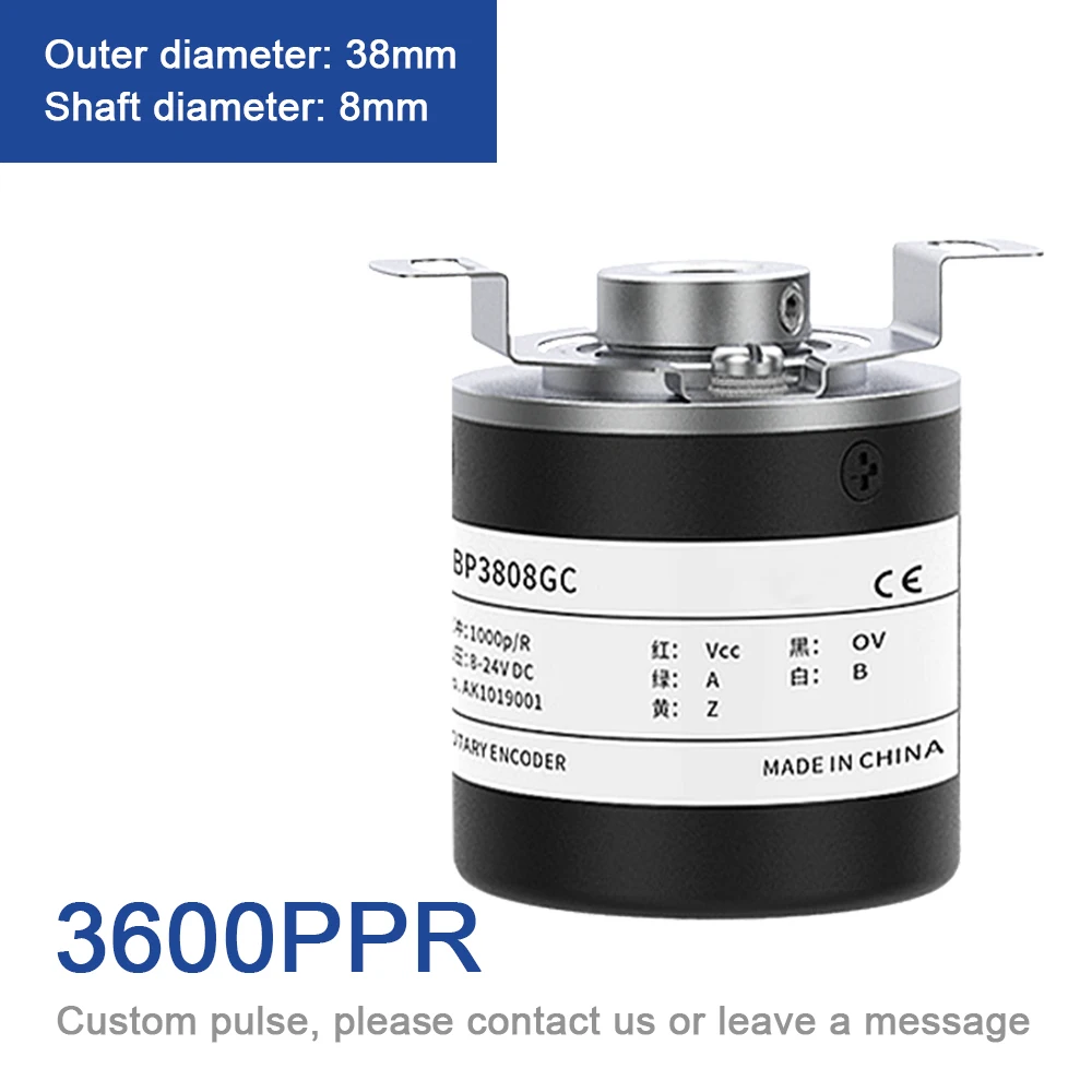 38mm Incremental Rotary Encoder 8mm Half Hollow Shaft Photoelectric Optical Switch 10-1024-1800-2500-3600 PPR 5-24VDC