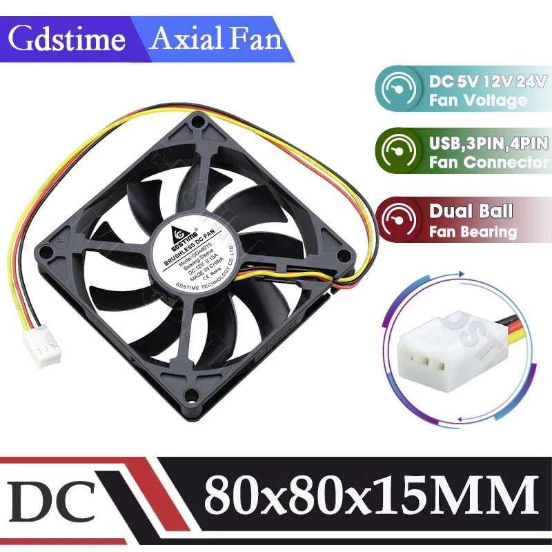 GDSTIME 80MM Fan 24V 12V PC Fan 80*15MM DC CPU Cooler 8015 Dual Ball Axial Computer Fan 5V USB Fan for Case GPU,TV BOX Cooling
