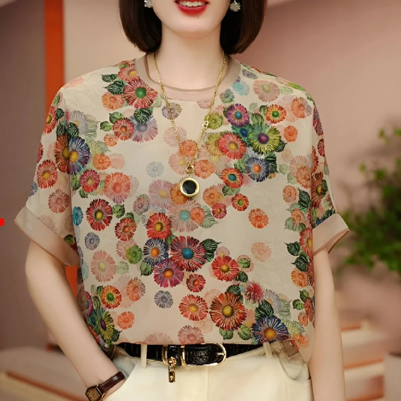 Middle-aged Mother Printed Short-sleeved T-shirt for Women in Summer New Fashionable Age-reducing Versatile Casual Thin Top