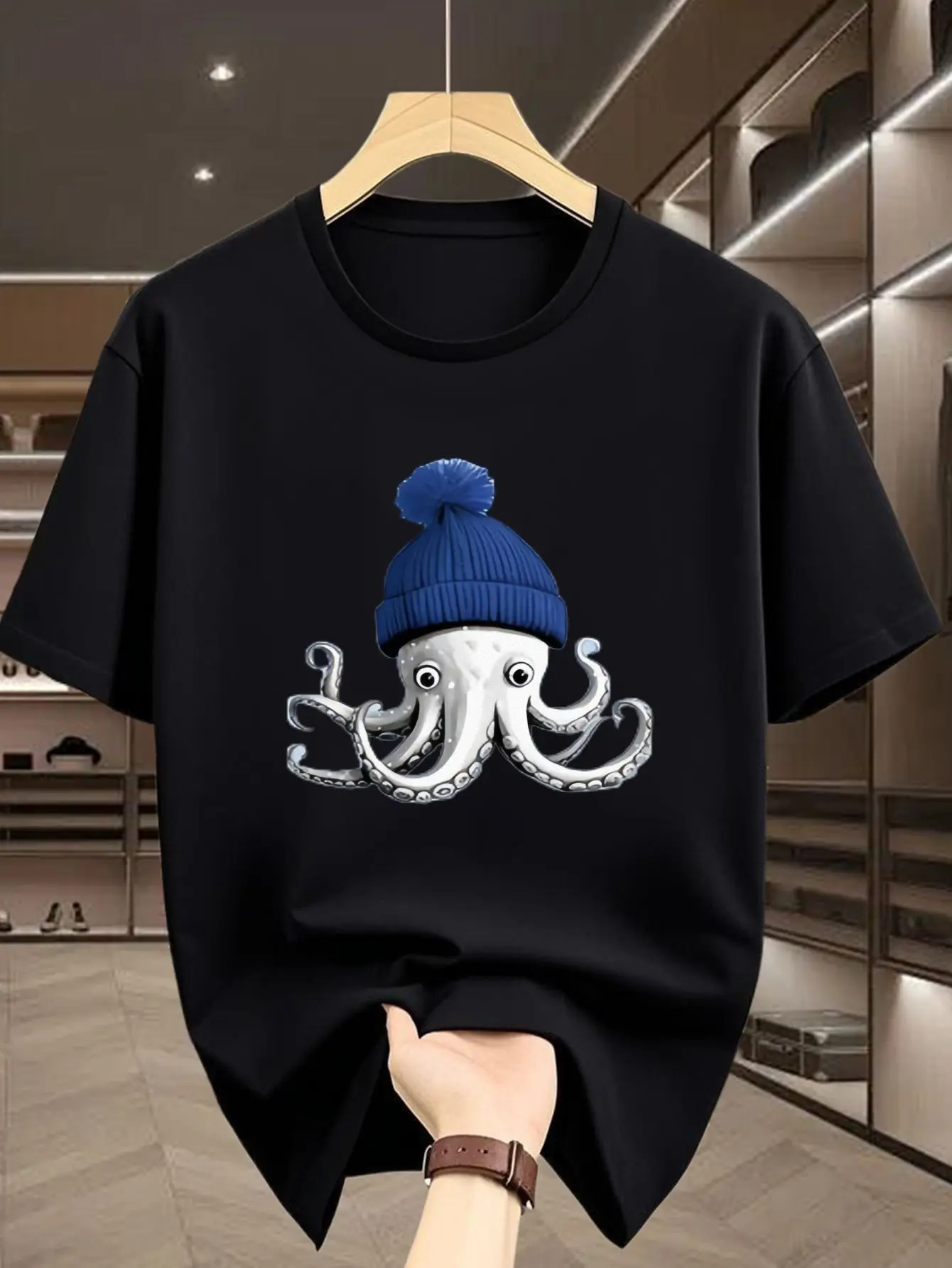 Cool White Octopus Wearing Knitted Beanie Print Mens Short Sleeve Tshirt Crew Neck Marine Creature Casual Daily Comfort Wear