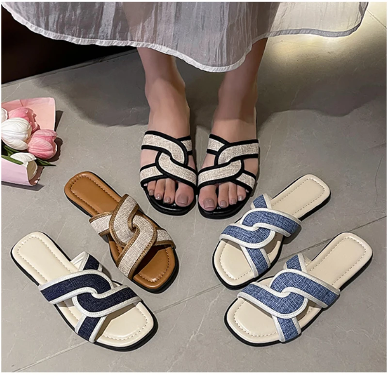 Summer Women\'s Retro Weaving Mixed Color Slippers Fashion Designer Zapatos Para Mujer Open Toe Flat with Comfy Sapato Feminino