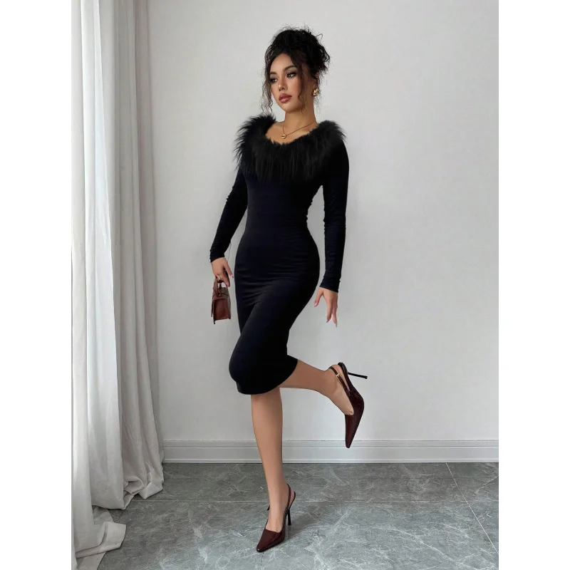 فستان YQ1-أسود بياقة قطيفة للنساء، فستان طويل بقصة ضيقة للخريف والشتاء مع فتحة جانبية، فستان سهرة أنيق