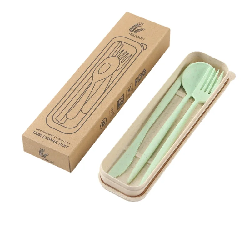 3PCS Wheat straw cutlery fork spoon knife three-piece set to work travel portable set Japanese wheat cutlery box