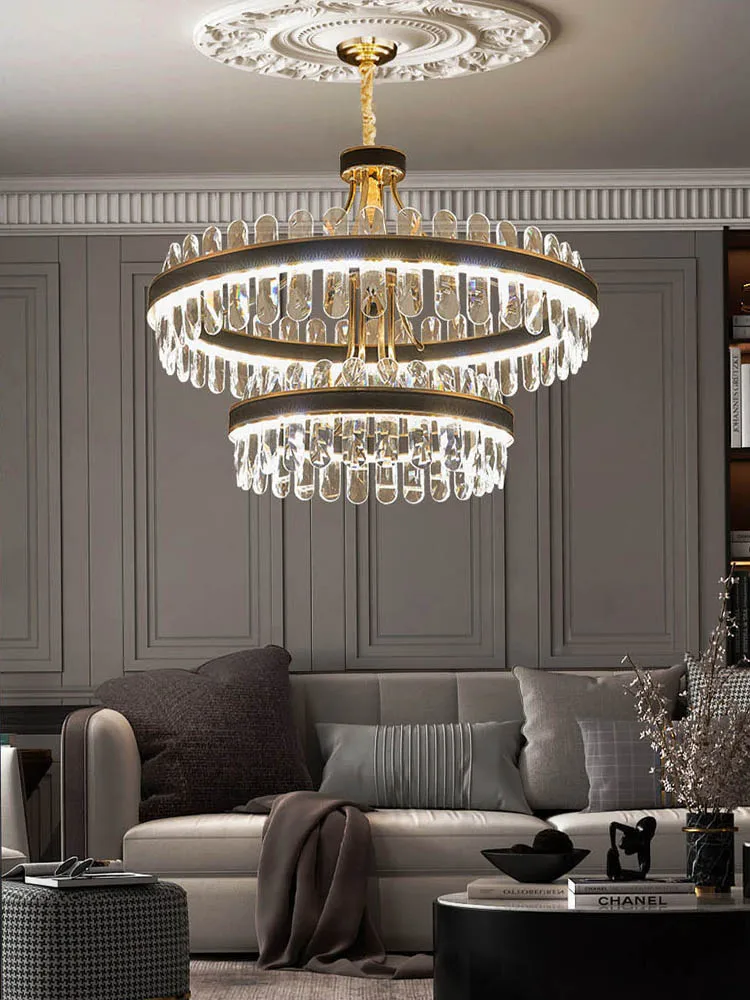 

Crystal LED Light Ceiling Chandeliers New Trend Black Leather Round Gold Luxury Lustre Hanging Lamps Home Decor for Living Room