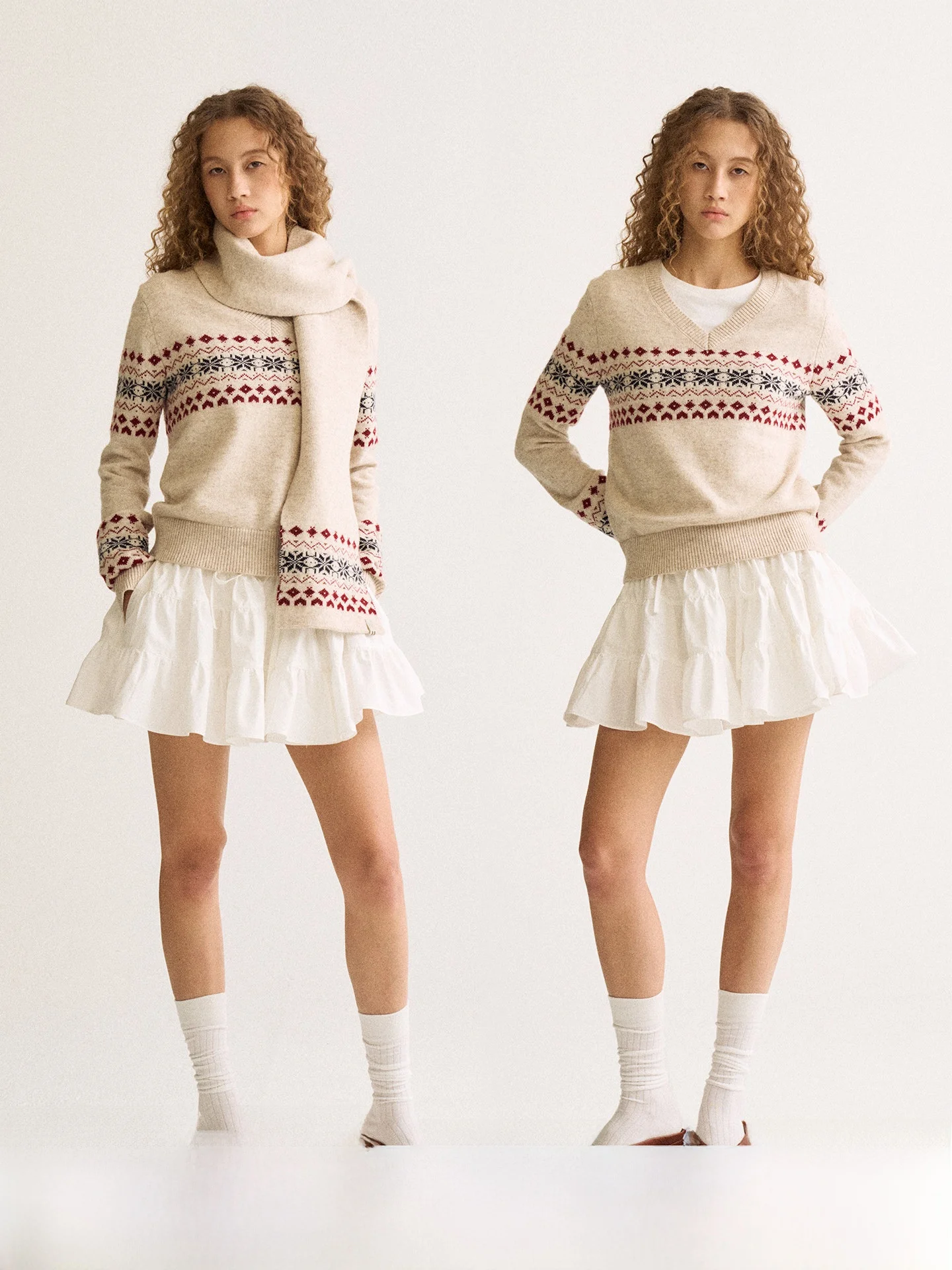 

Firstfloor Autumn Winter Fair Isle Snowflake Embroidery V-ne Loose Fit ort Casual Sweater Top Women's Faion