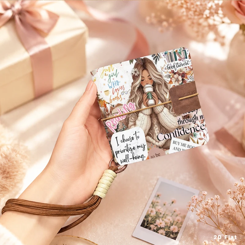 Lightweight Square Photo Collection Book with Leather Buckle, Self Love Quote Reading Girl Pattern Mini Storage Wallet for Daily