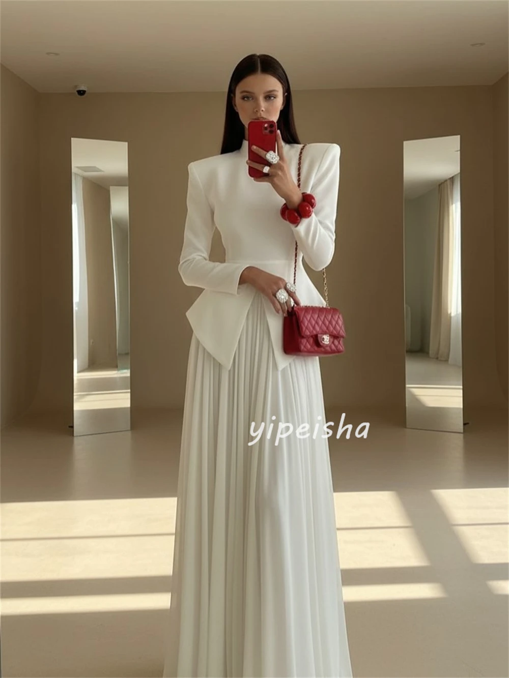 Customized Elegant Women Jersey Ruched Pleat  A-Line Evening Dresses Formal High Collar Long Sleeves Floor Lenght Prom Dresses image 2