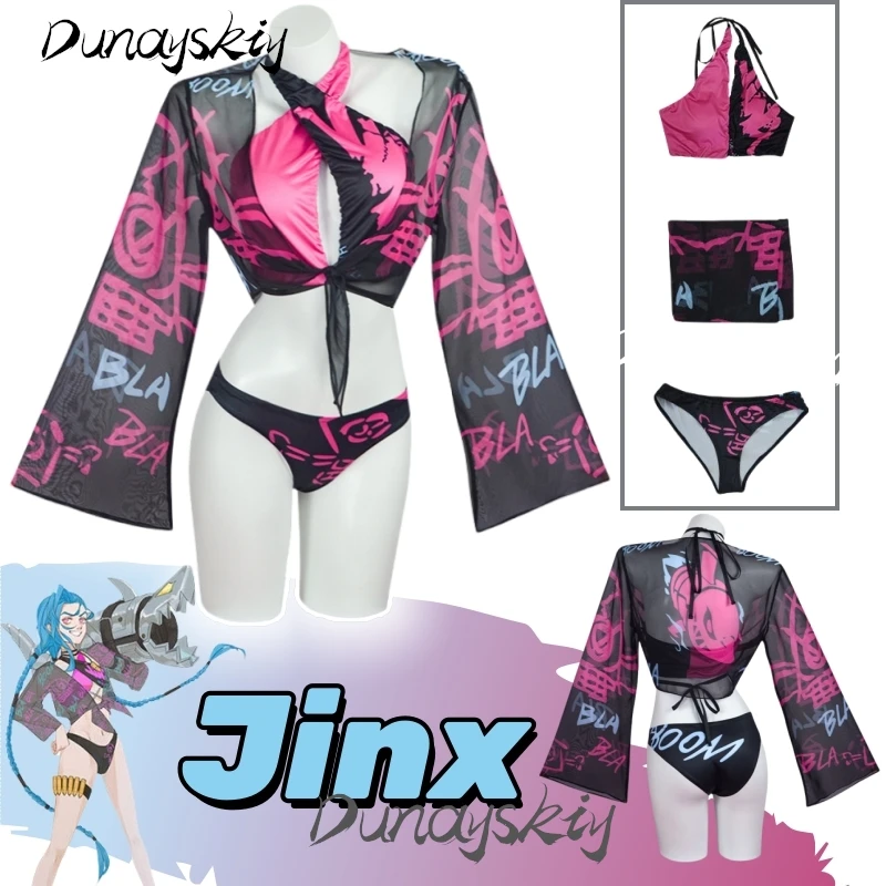 

Jinx Bikini Cosplay Costume Swimwear LOL Arcane League of Legends The Loose Cannon Jinx Role Play for Halloween Customized