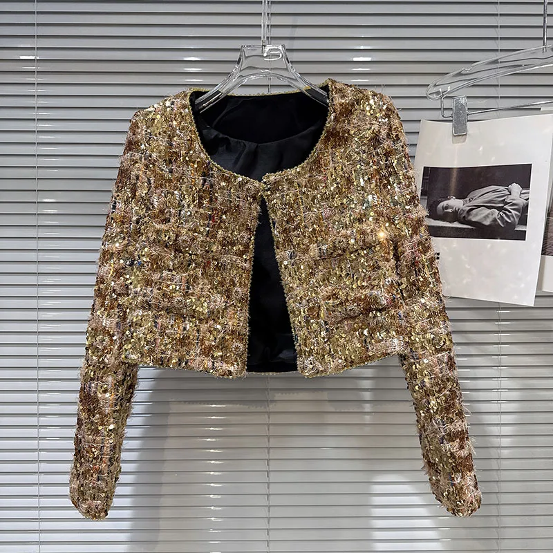 

Роскошное твидовое короткое пальто Haute Couture с золотыми блестками для тяжелой промышленности, женское осеннее новое пальто с длинными рукавами и круглым вырезом в пригородном стиле