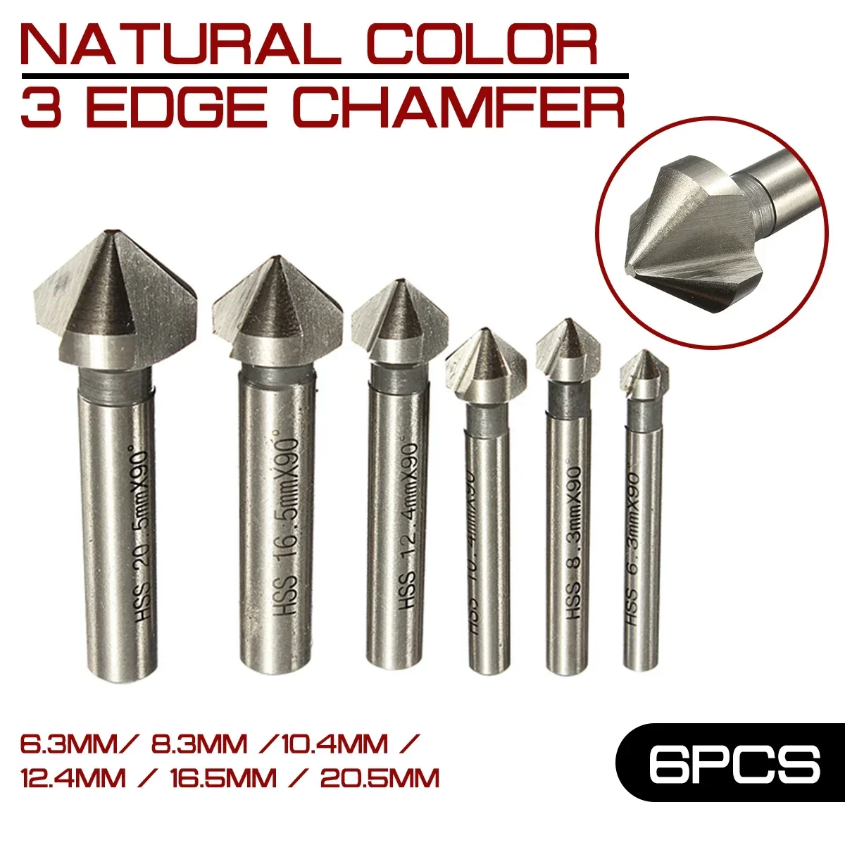 

6pcs Drill Bit Set 3 Flute 90 Degree Round shank HSS Chamfer Chamfering Cutter End Mill Tool 6.3-20.5MM Countersink