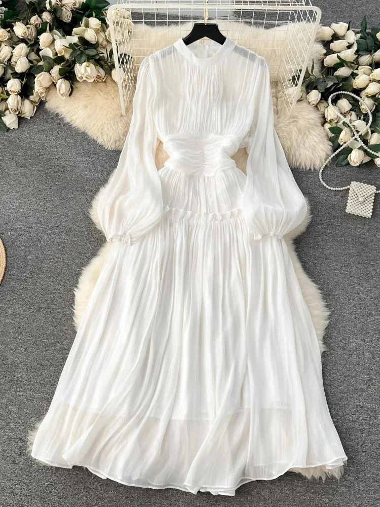 French Luxury Folds Wedding Formal Occasion Dress Women Stand Puff Sleeve Chic Pleated Dress Female Shine Robe Clothes Holiday