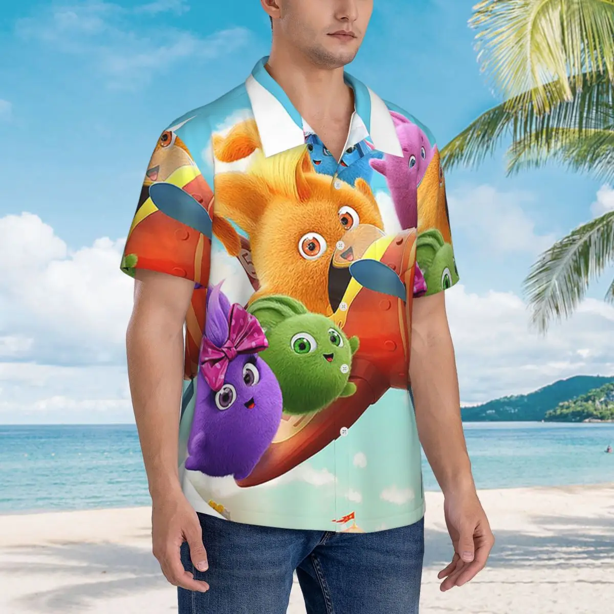 

Sunny Bunnies Anime Cartoon Hawaiian Shirts Funny Men Short Sleeve Shirt for Summer Beach Men's Lapel Tops