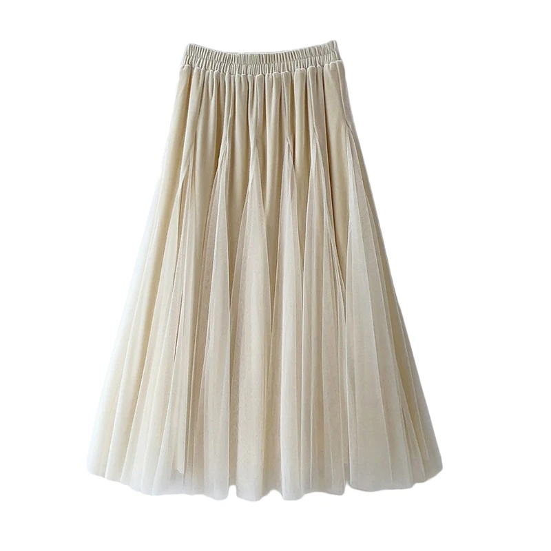 Patchwork Velvet Tulle Skirt Women Autumn Winter Pleated Long Maxi Skirt Female Brown Black High Waist A-line Skirt for Women