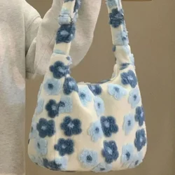 Xiuya-Sac à bandoulière en peluche de grande capacité, sac à main Kawaii, fleurs bleues, mode douce, initié, décontracté, jeune, mignon, automne, hiver