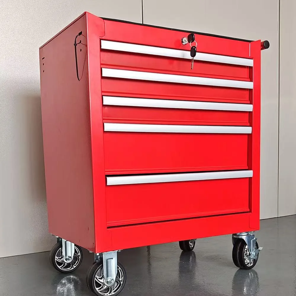Red Mobile 5-Drawer Mechanic Tool Cabinet Trolley With Wheels For Tool Storage