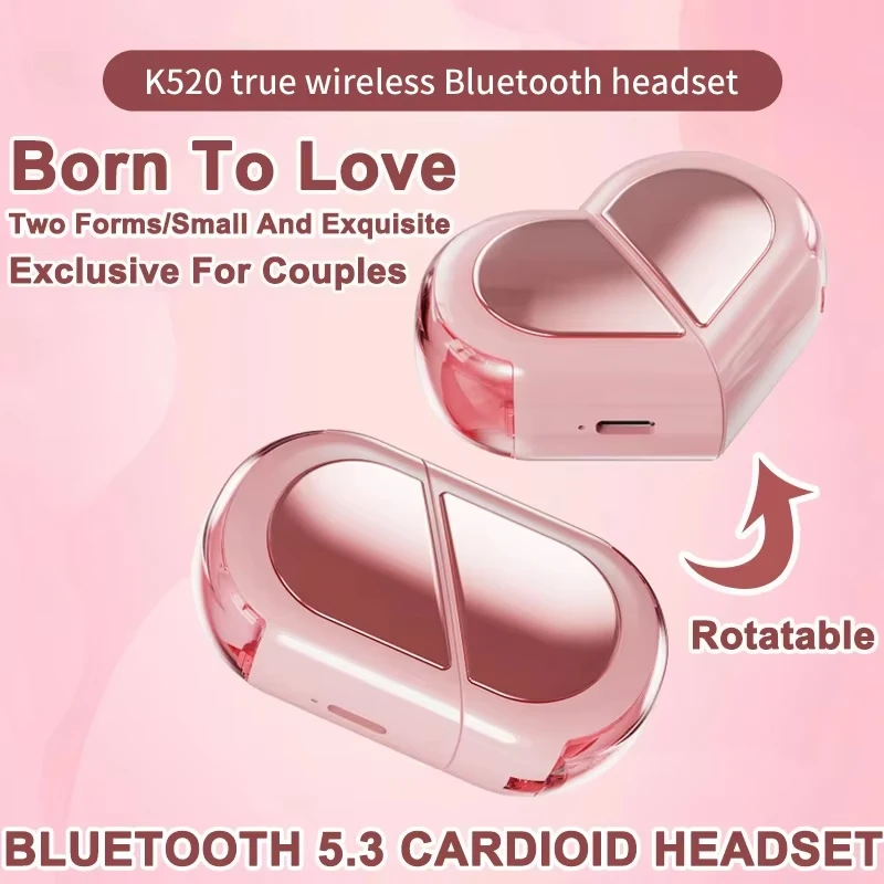 K520 Cute Small Mini Tiny Heart Shape TWS Wireless Earbuds Earphones in-Ear Headsets for Lover Couples Valentine Sport Travel