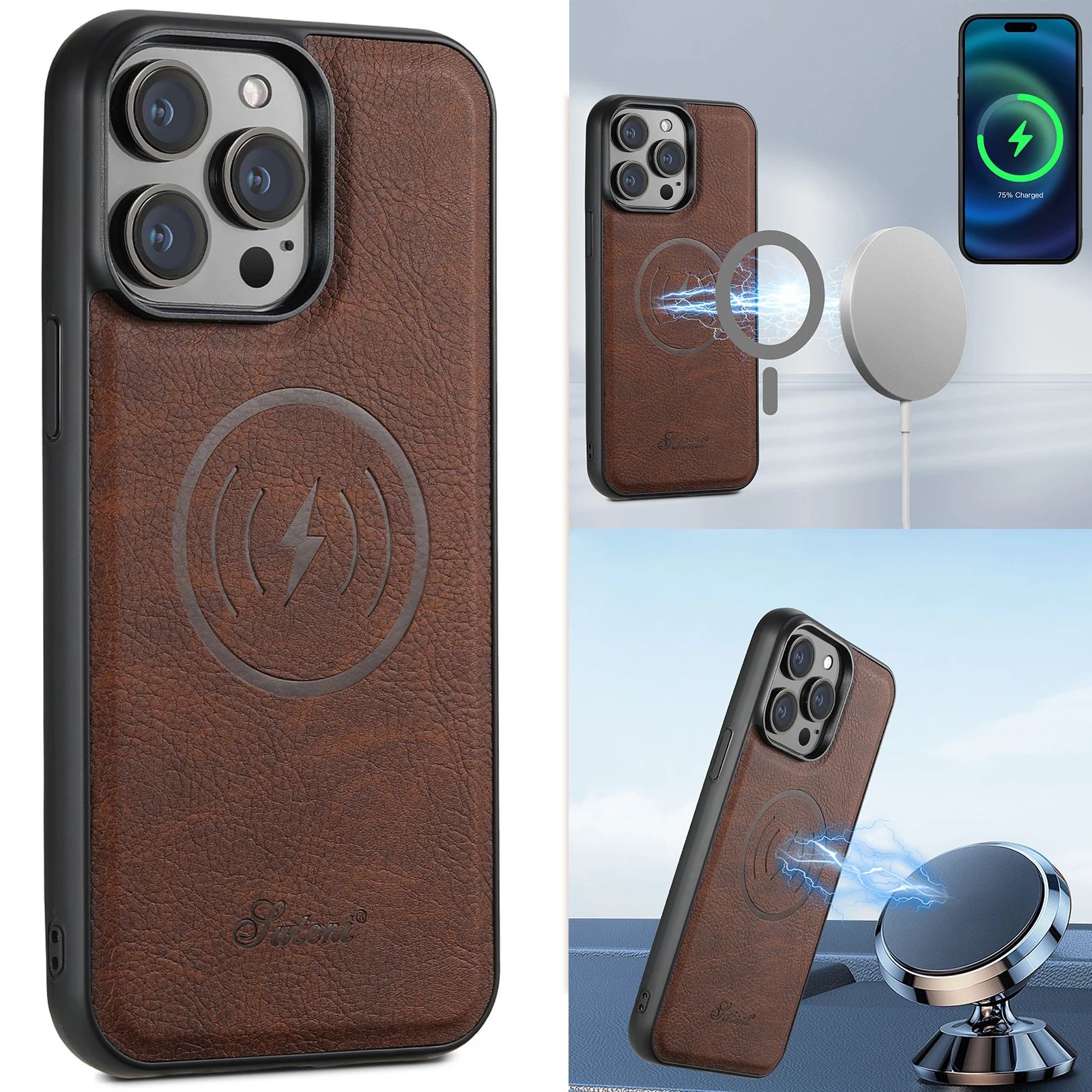 

For Iphone 16/15/14/13/12 Pro Max Phone Case Magnetic Charging Frosted Leather Tpu Soft Bezel Ultra Thin Phone Leather Cover