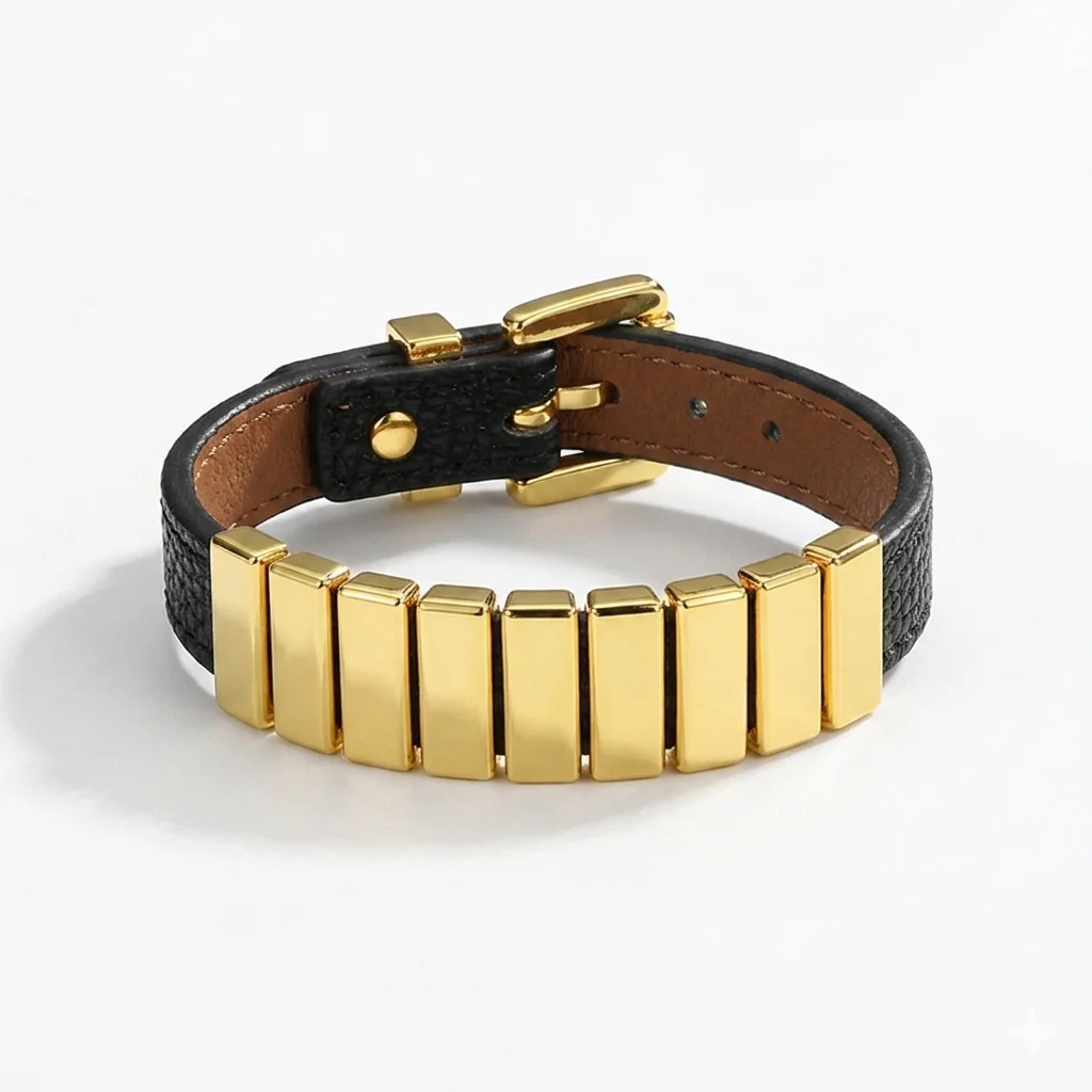 

Black Leather Bracelet with Gold Tone Geometric Blocks Adjustable Punk Luxury Cuff Wristband Fashion Jewelry Gift for Women