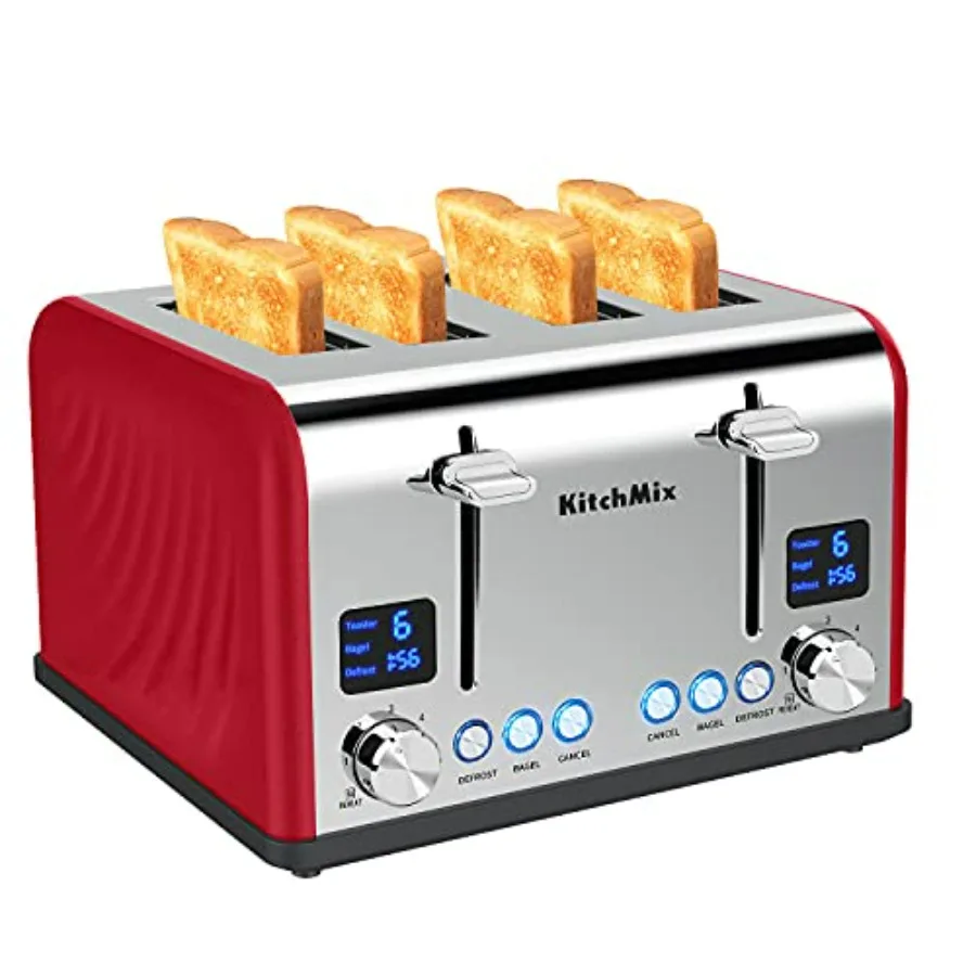 

4-Slice Bagel Toaster with Stainless Steel Finish Red Color LCD Timer Extra Wide Slots Dual Screen Removable Crumb Tray
