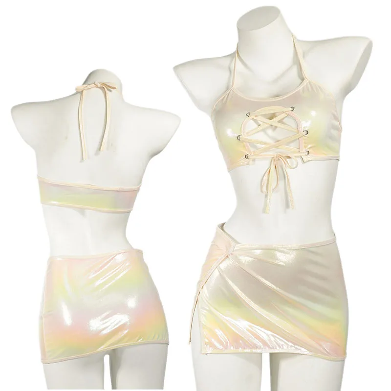 

Sexy Open Chest Hollow Bandage Swimsuit Women Colorful Laser Uniform Anime Student Bodysuit Candy Girl Dress Cosplay Bikini Set