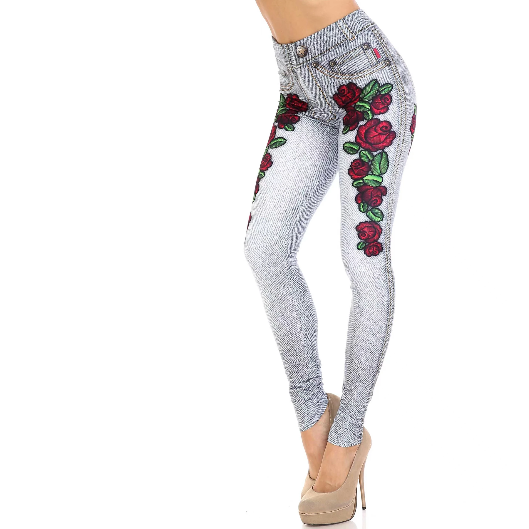 New High-waisted Imitation Denim Leggings Women Europe And America Sexy Tight Height Elastic Rose Nine-point Pants Women