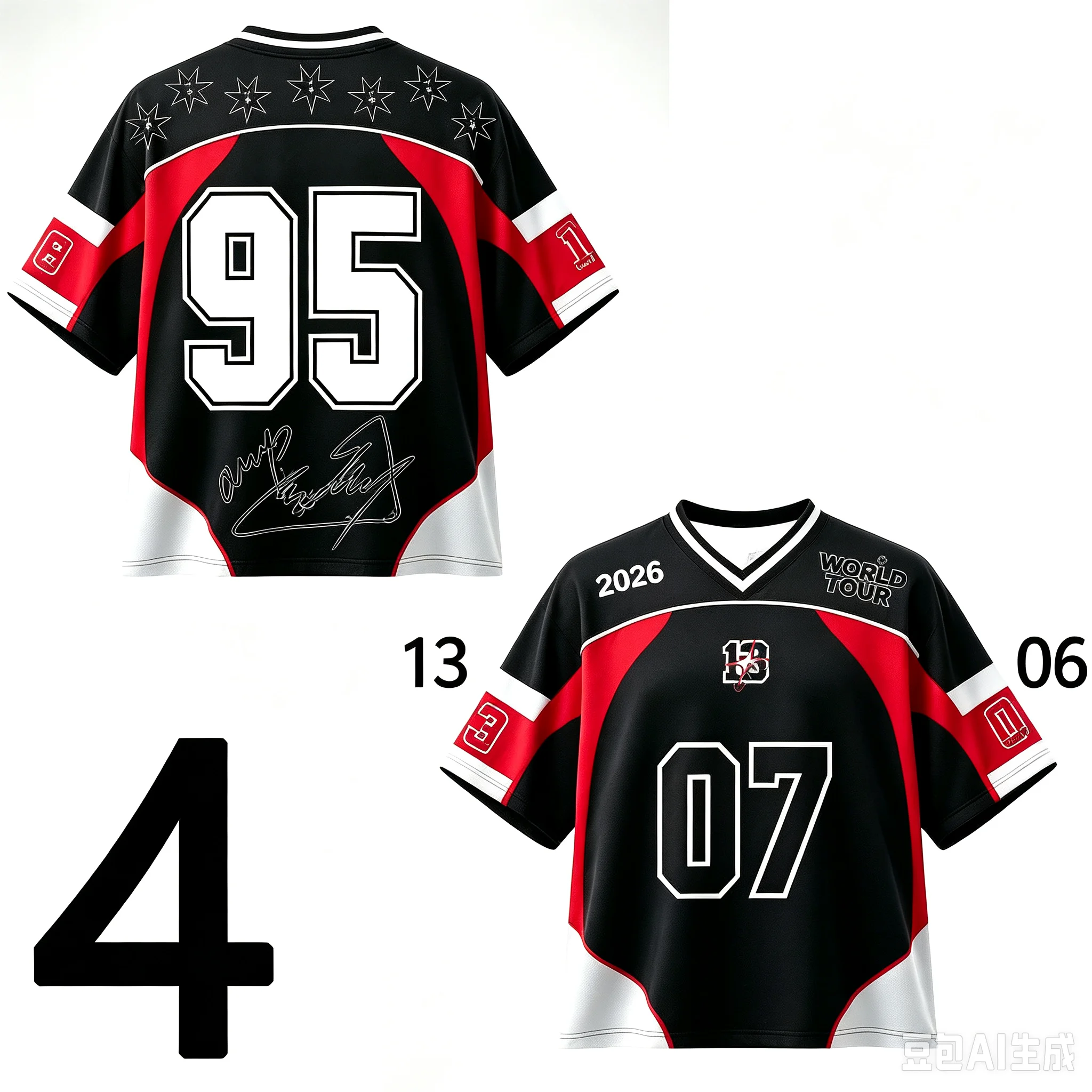 Family Matching Replica Football Jersey, Black Red White Number Print V‑Neck Mesh Short Sleeve Sport Top for Kpop Fan Streetwear