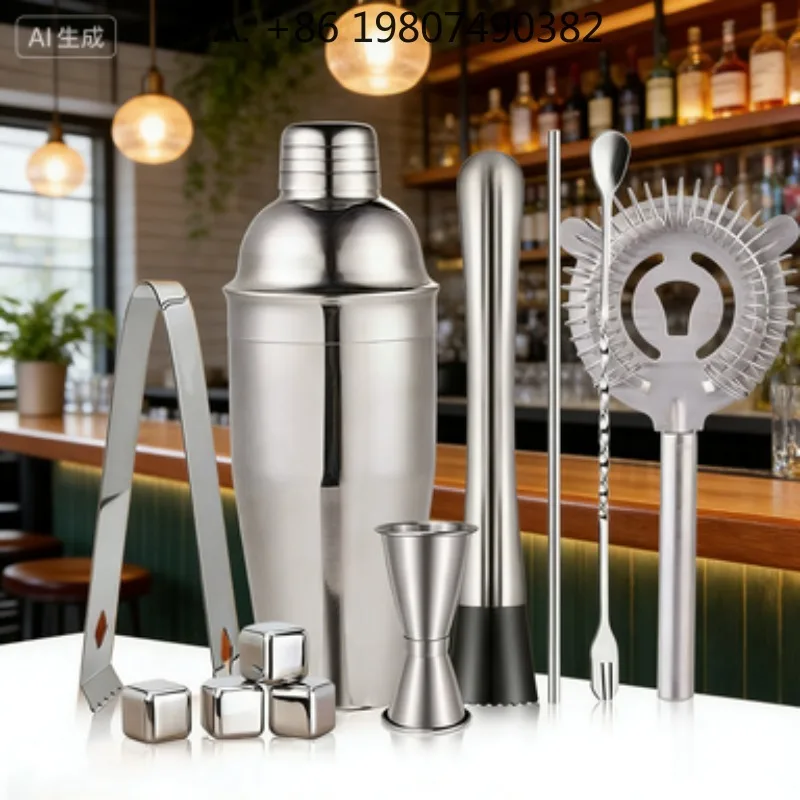 11Pcs Multi Accessory Stainless Steel Cocktail Shaker Bar Kit Jigger Ice Tongs Fork Spoon Muddler Straw Whiskey Stones For Home