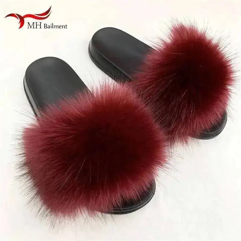 Zapatillas de piel sintética para mujer, chanclas planas mullidas para casa, cómodas y peludas, para invierno