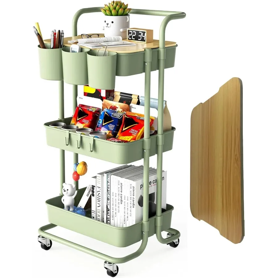 3 الطبقة عربة متحركة مع مقبض معدني سطح الطاولة أكواب معلقة السنانير سلات تخزين بلاستيكية عجلات قابلة للقفل عربة المرافق للخفافيش