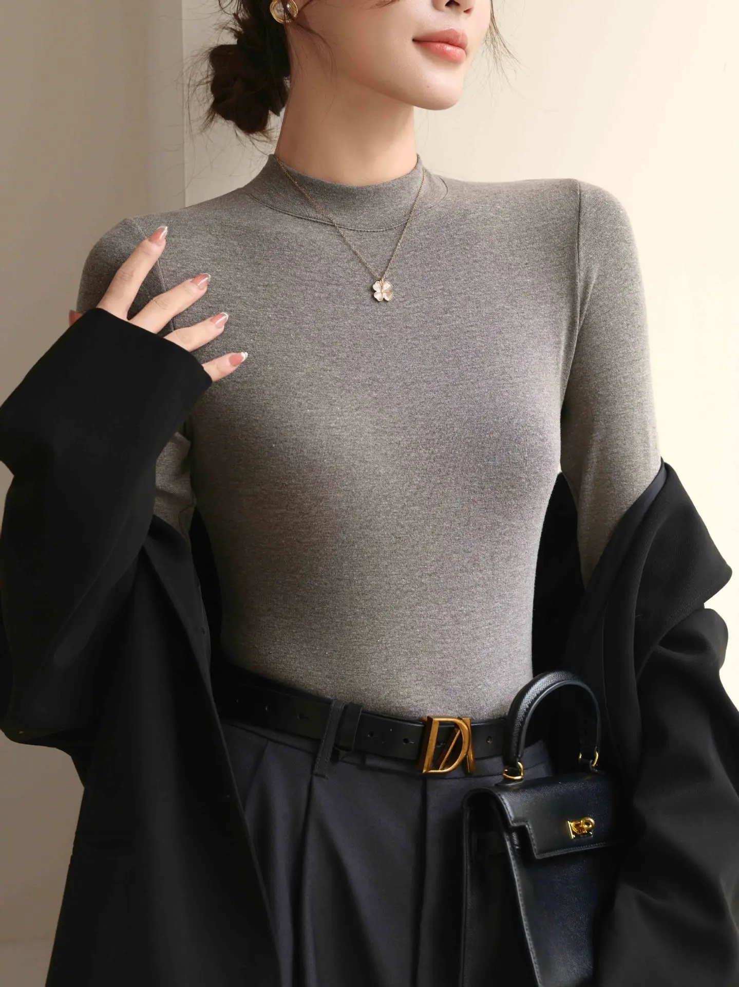 

Выберите шерстяную вискоза с высоким воротником, базовый слой для женщин, ранняя осень, зима, внутренняя одежда, облегающая футболка с длинными рукавами, топ