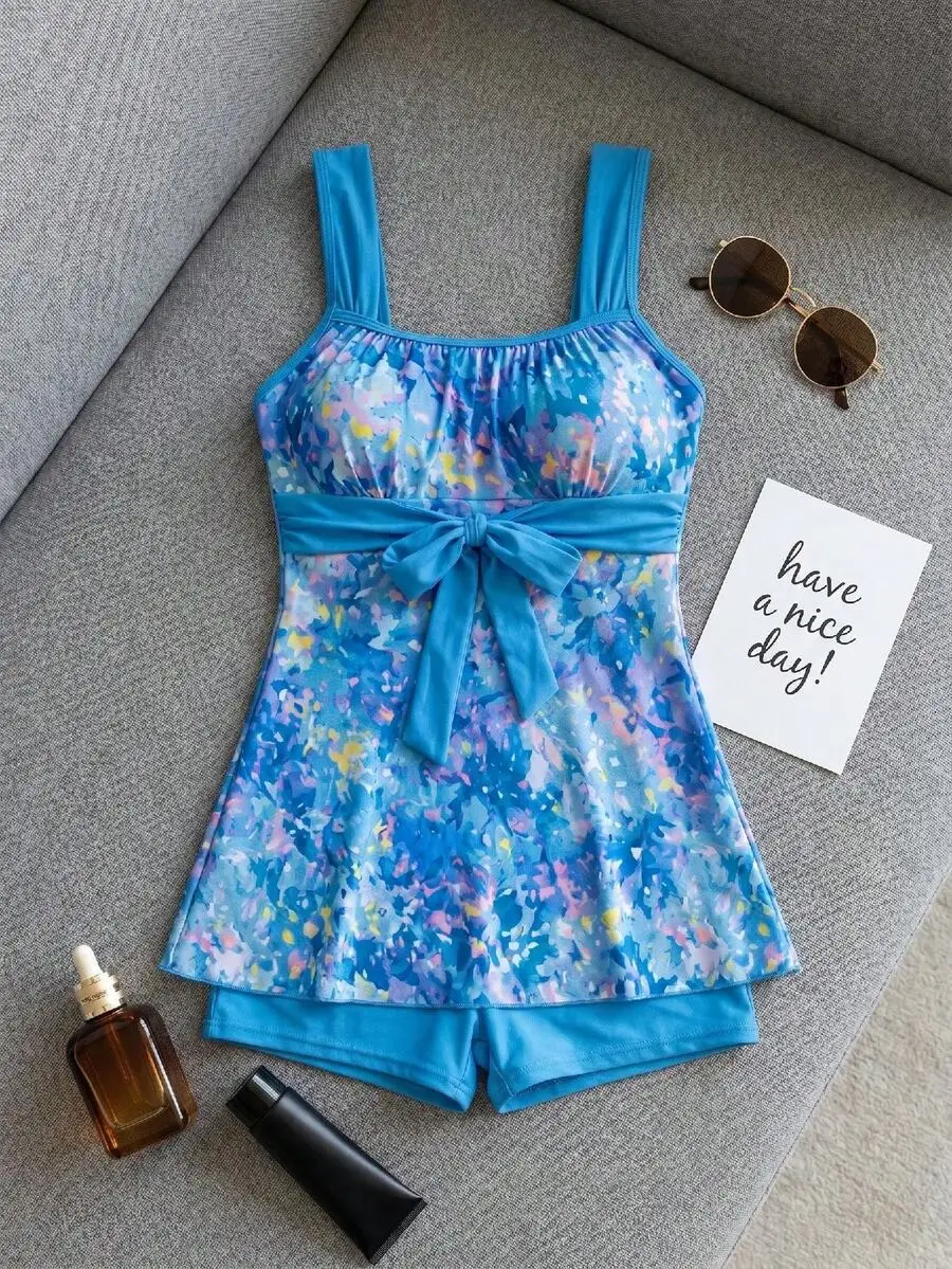

2 Pieces Abstract Splash Print A-Line Tankini With Shorts Modest Swimwear For Women